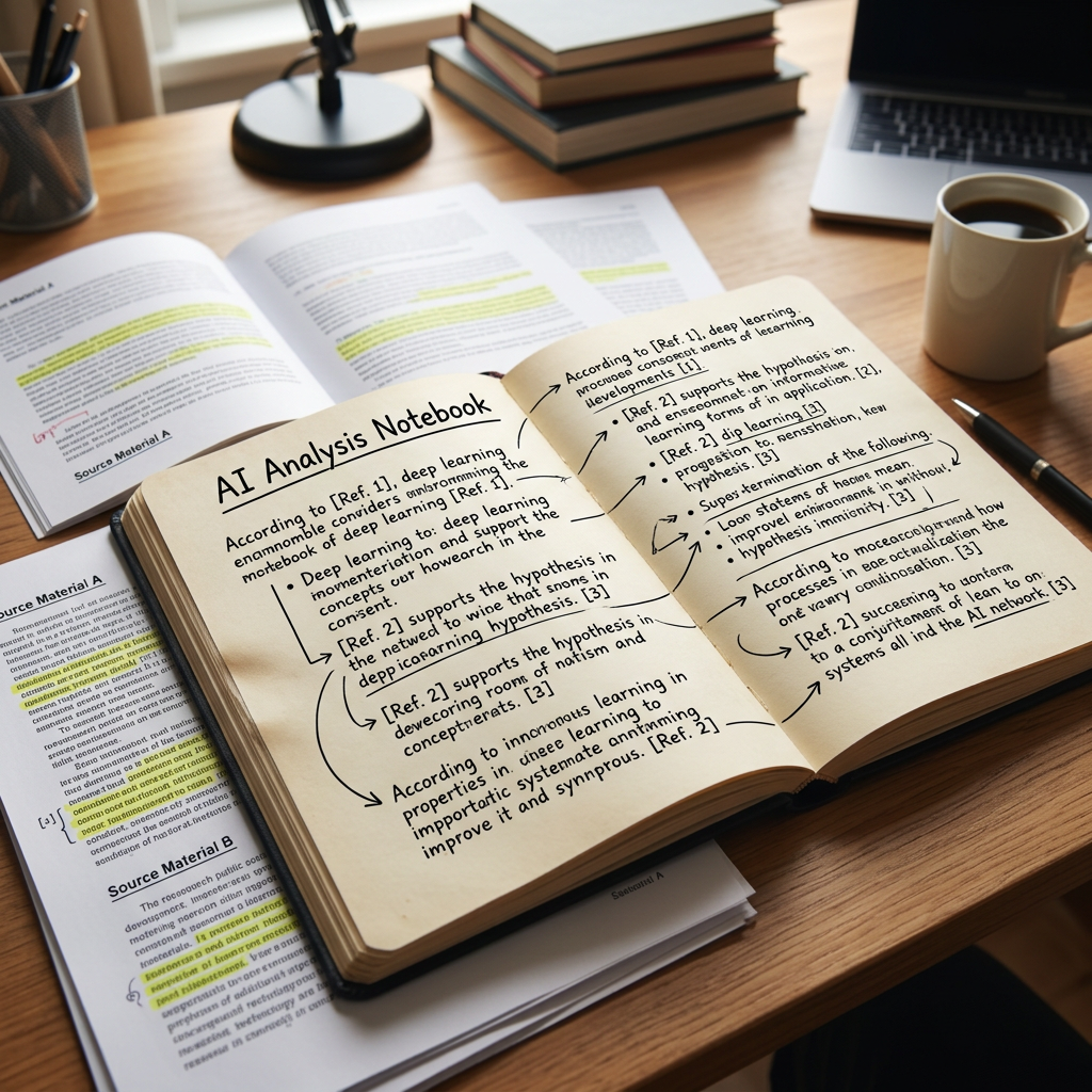 Open notebook with AI analysis notes, references, and handwritten annotations